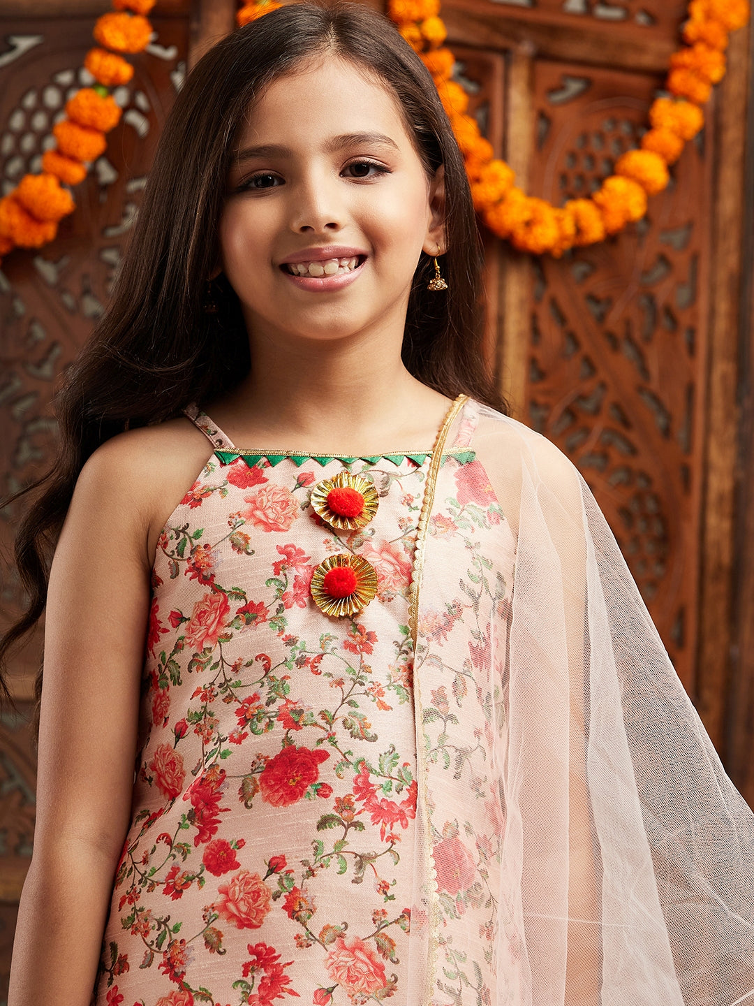 Pspeaches Girls Floral Printed Regular Kurta With Sharara & With Dupatta (SHA-PEACHMULTIFLORAL)