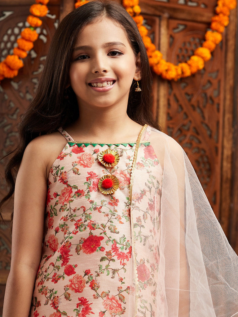 Pspeaches Girls Floral Printed Regular Kurta With Sharara & With Dupatta (SHA-PEACHMULTIFLORAL)