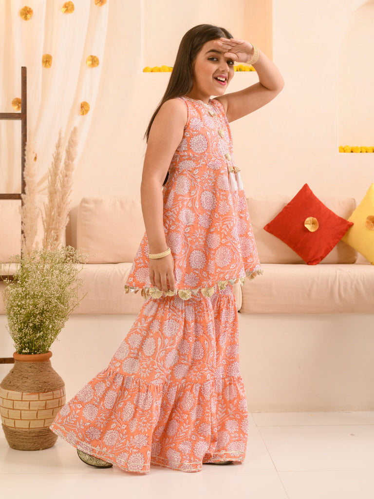 Girls Floral Printed Gotta Patti Pure Cotton Kurta With Sharara (SHA-PEACHOFFWHITE)
