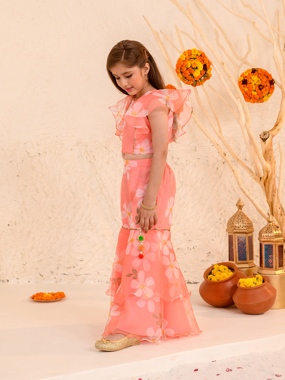 Girls Floral Printed Sequinned Kurta with Sharara (SHA-PEACHORGANZA)