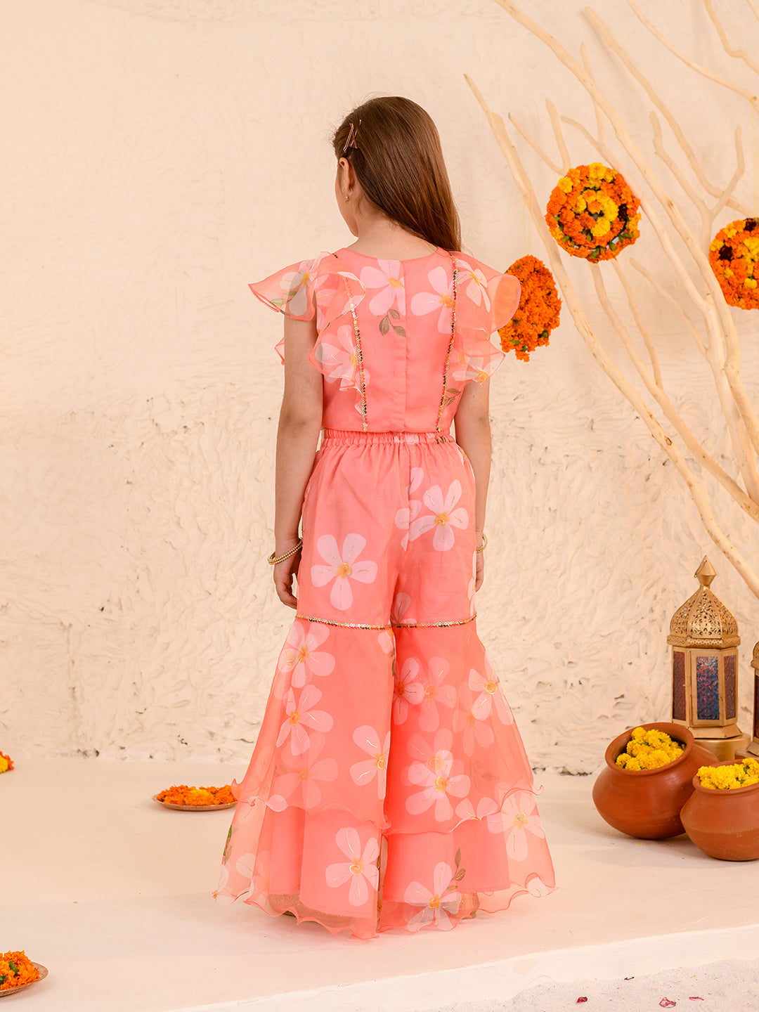 Girls Floral Printed Sequinned Kurta with Sharara (SHA-PEACHORGANZA)