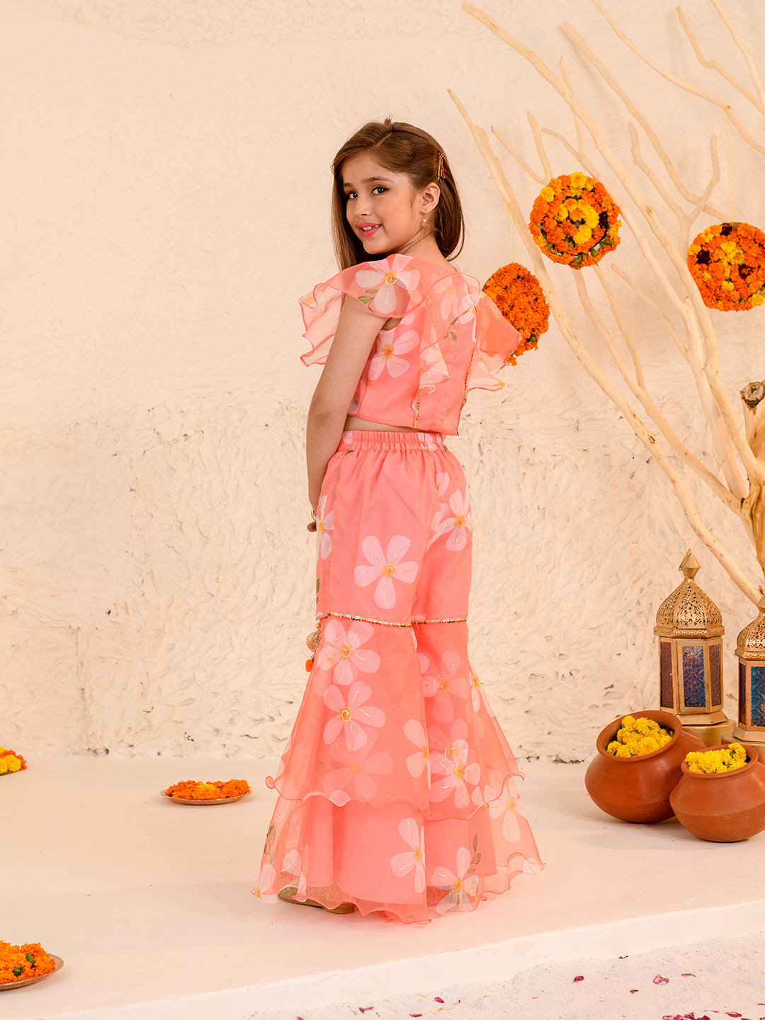 Girls Floral Printed Sequinned Kurta with Sharara (SHA-PEACHORGANZA)