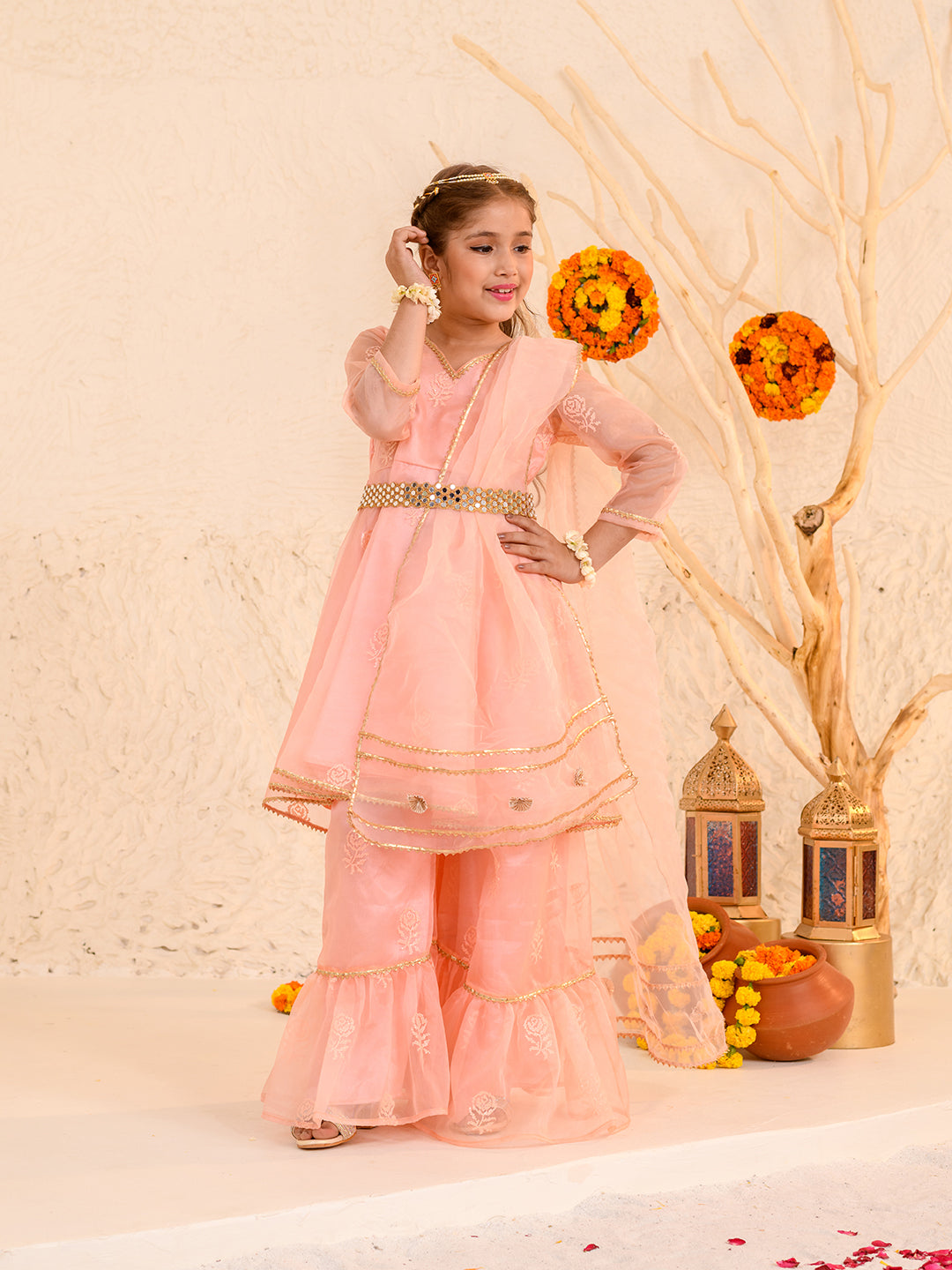 Girls Floral Embroidered Regular Kurta with Sharara & With Dupatta (SHA-PEACHROSE)