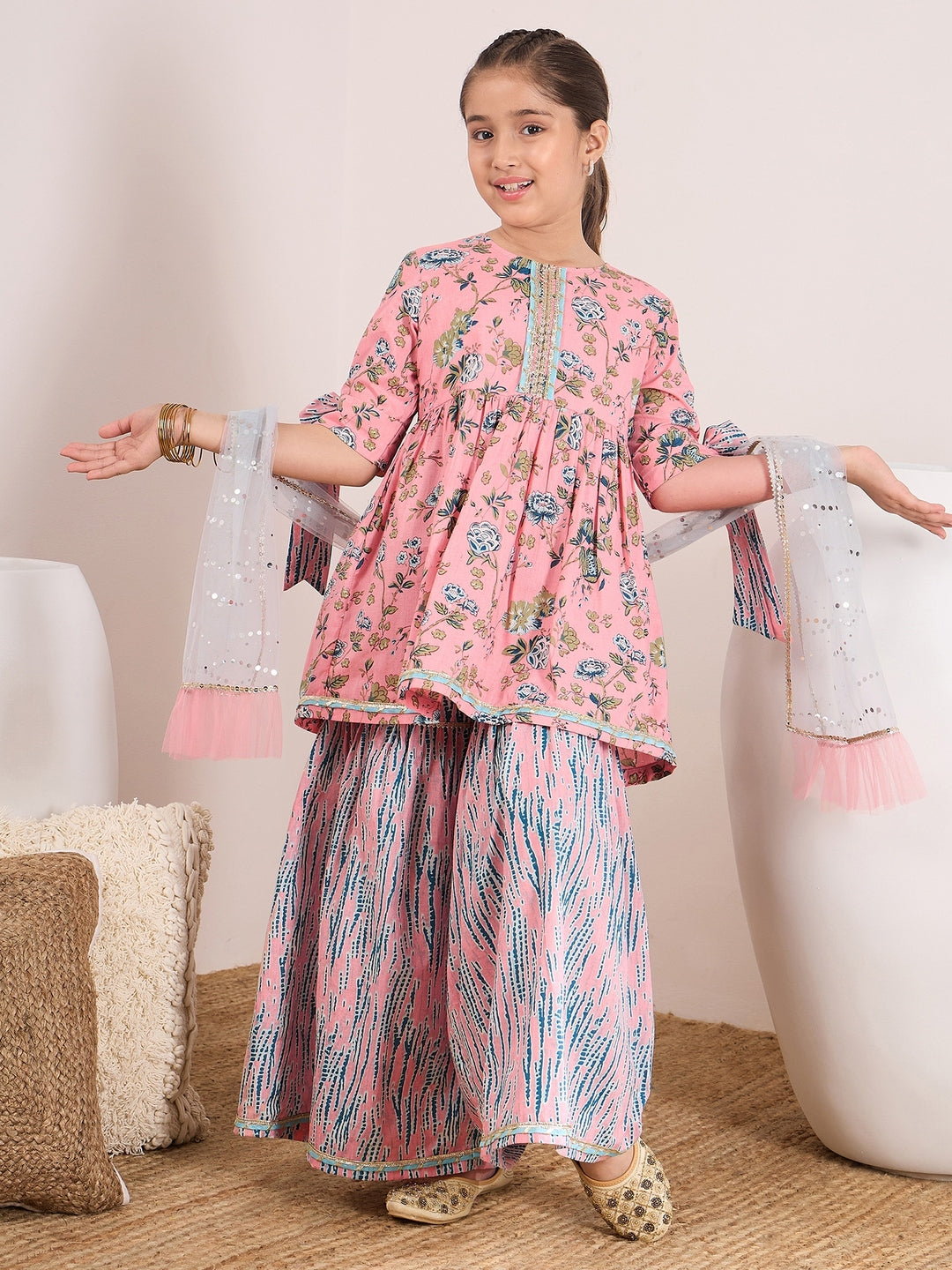 Girls Ethnic Motifs Printed Empire Kurta with Sharara & With Dupatta (SHA-PEACHTEALFLORAL)