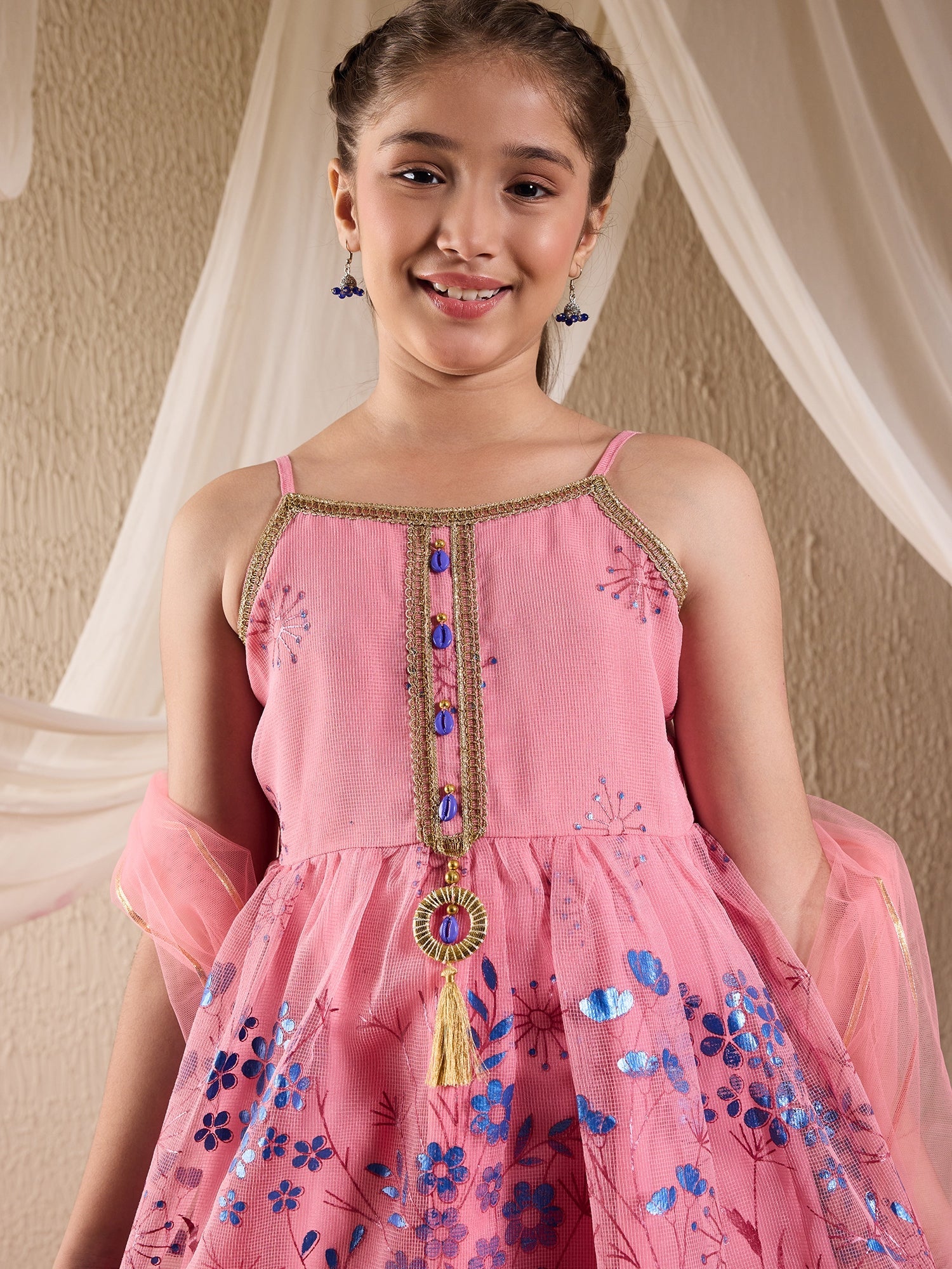 Pspeaches Girls Cotton Blend Sleeveless Round Neck Gota Pati Embellished Lehenga Choli Set with Dupatta for Girls (SHA-PINKBLUEKOTA)