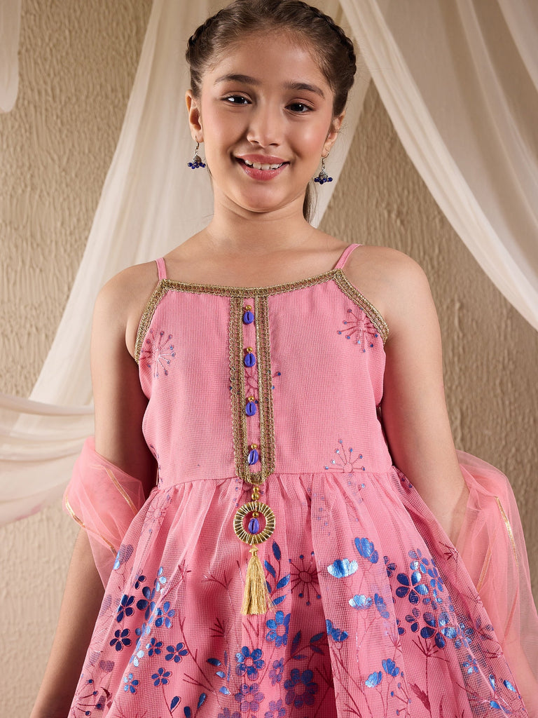 Pspeaches Girls Cotton Blend Sleeveless Round Neck Gota Pati Embellished Lehenga Choli Set with Dupatta for Girls (SHA-PINKBLUEKOTA)