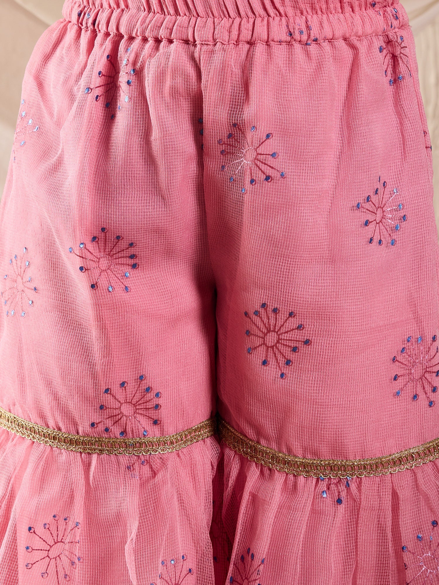 Pspeaches Girls Cotton Blend Sleeveless Round Neck Gota Pati Embellished Lehenga Choli Set with Dupatta for Girls (SHA-PINKBLUEKOTA)