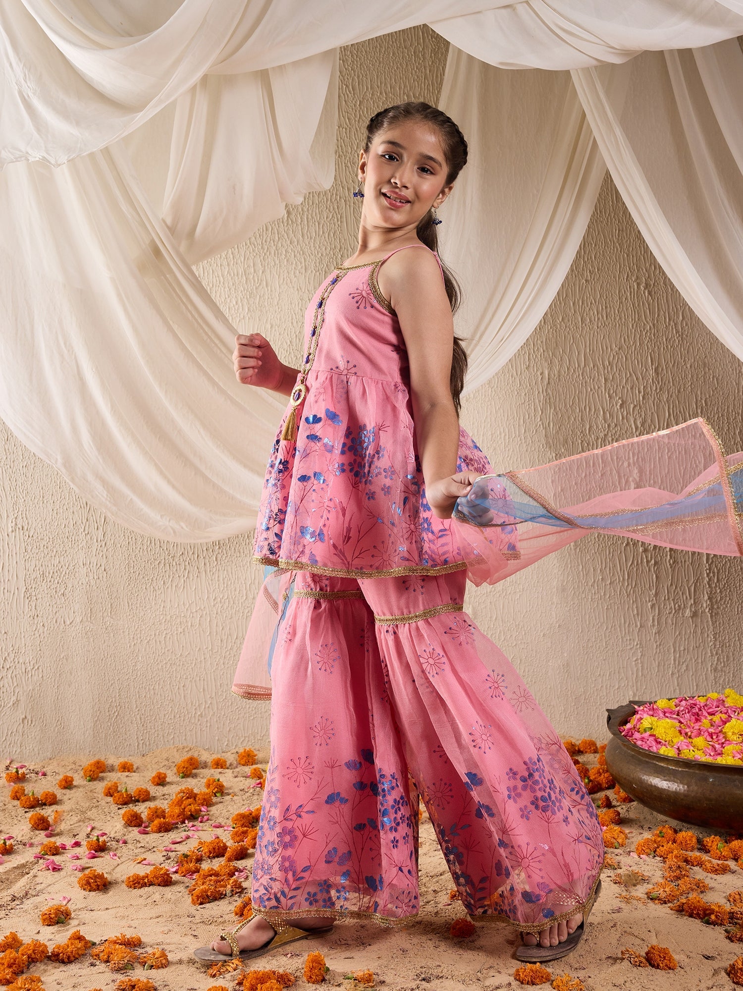 Pspeaches Girls Cotton Blend Sleeveless Round Neck Gota Pati Embellished Lehenga Choli Set with Dupatta for Girls (SHA-PINKBLUEKOTA)