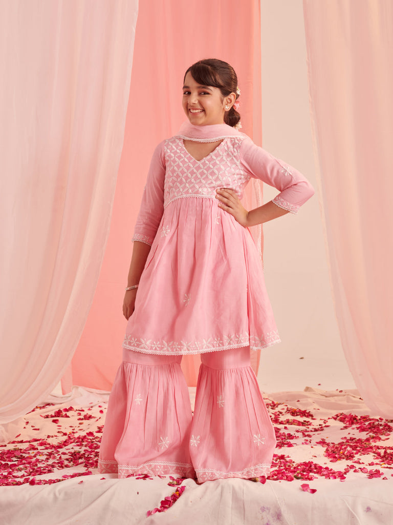 Girls Floral Embroidered Regular Thread Work Kurta With Sharara With Dupatta (SHA-PINKCHIKANKARI)