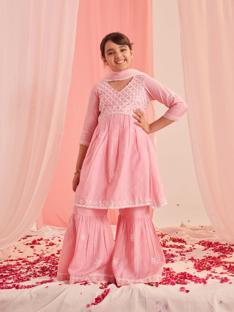 Girls Floral Embroidered Regular Thread Work Kurta With Sharara With Dupatta (SHA-PINKCHIKANKARI)