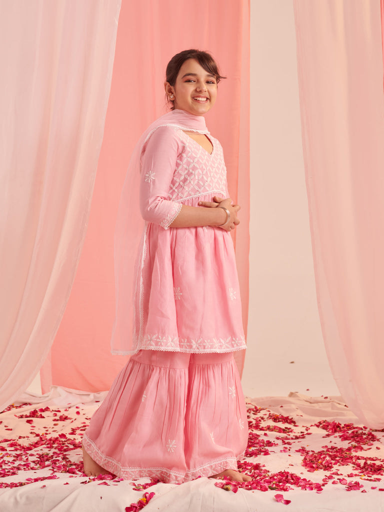 Girls Floral Embroidered Regular Thread Work Kurta With Sharara With Dupatta (SHA-PINKCHIKANKARI)