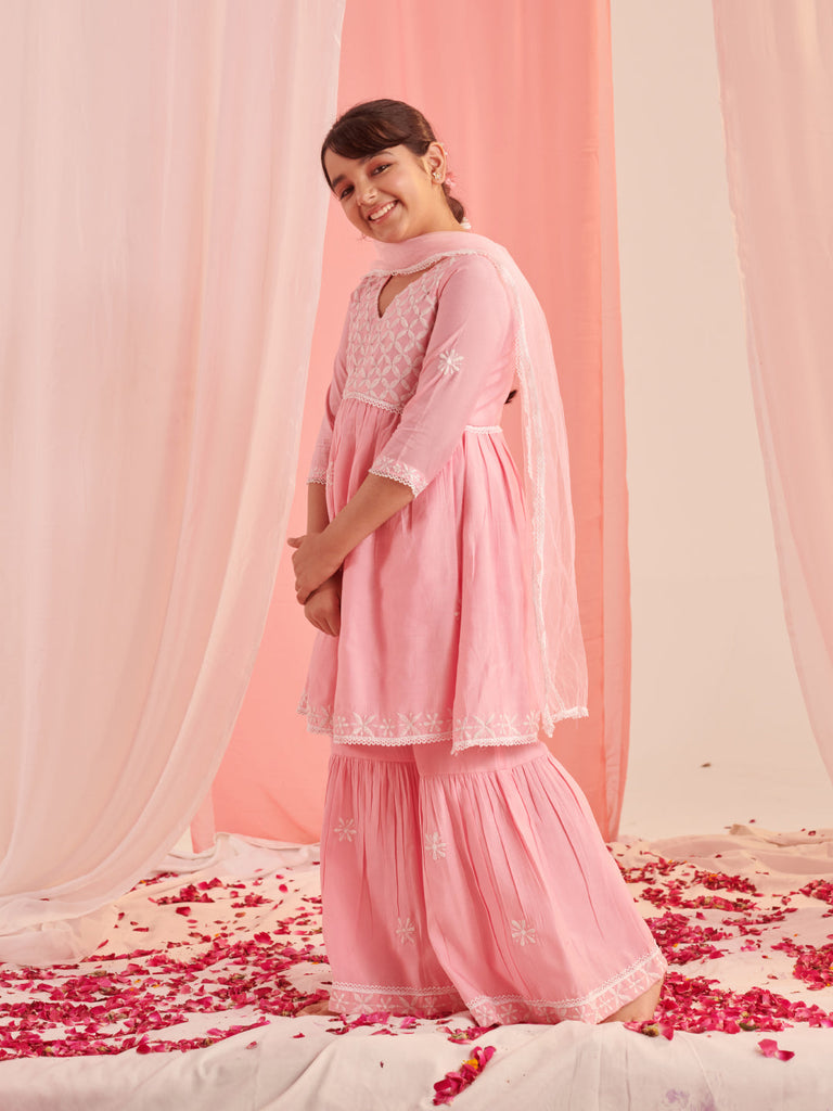 Girls Floral Embroidered Regular Thread Work Kurta With Sharara With Dupatta (SHA-PINKCHIKANKARI)