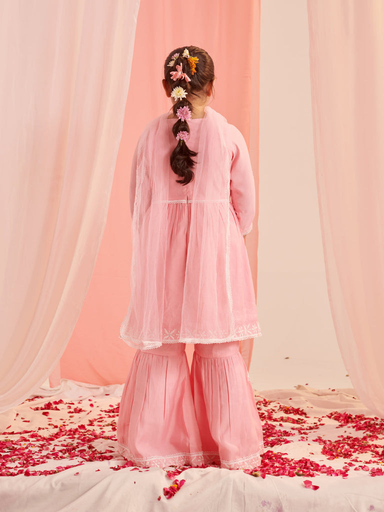 Girls Floral Embroidered Regular Thread Work Kurta With Sharara With Dupatta (SHA-PINKCHIKANKARI)