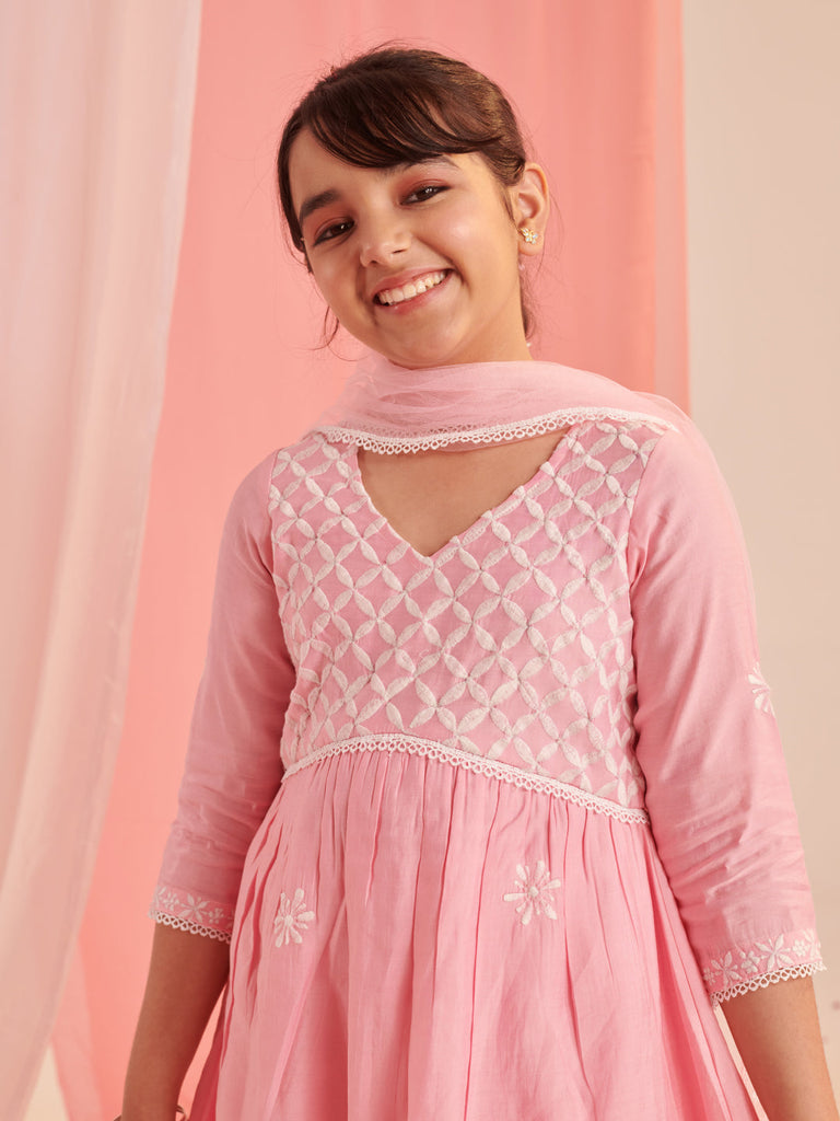 Girls Floral Embroidered Regular Thread Work Kurta With Sharara With Dupatta (SHA-PINKCHIKANKARI)