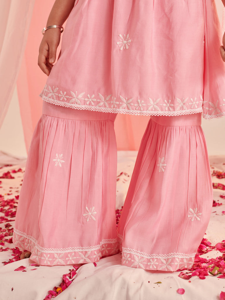 Girls Floral Embroidered Regular Thread Work Kurta With Sharara With Dupatta (SHA-PINKCHIKANKARI)
