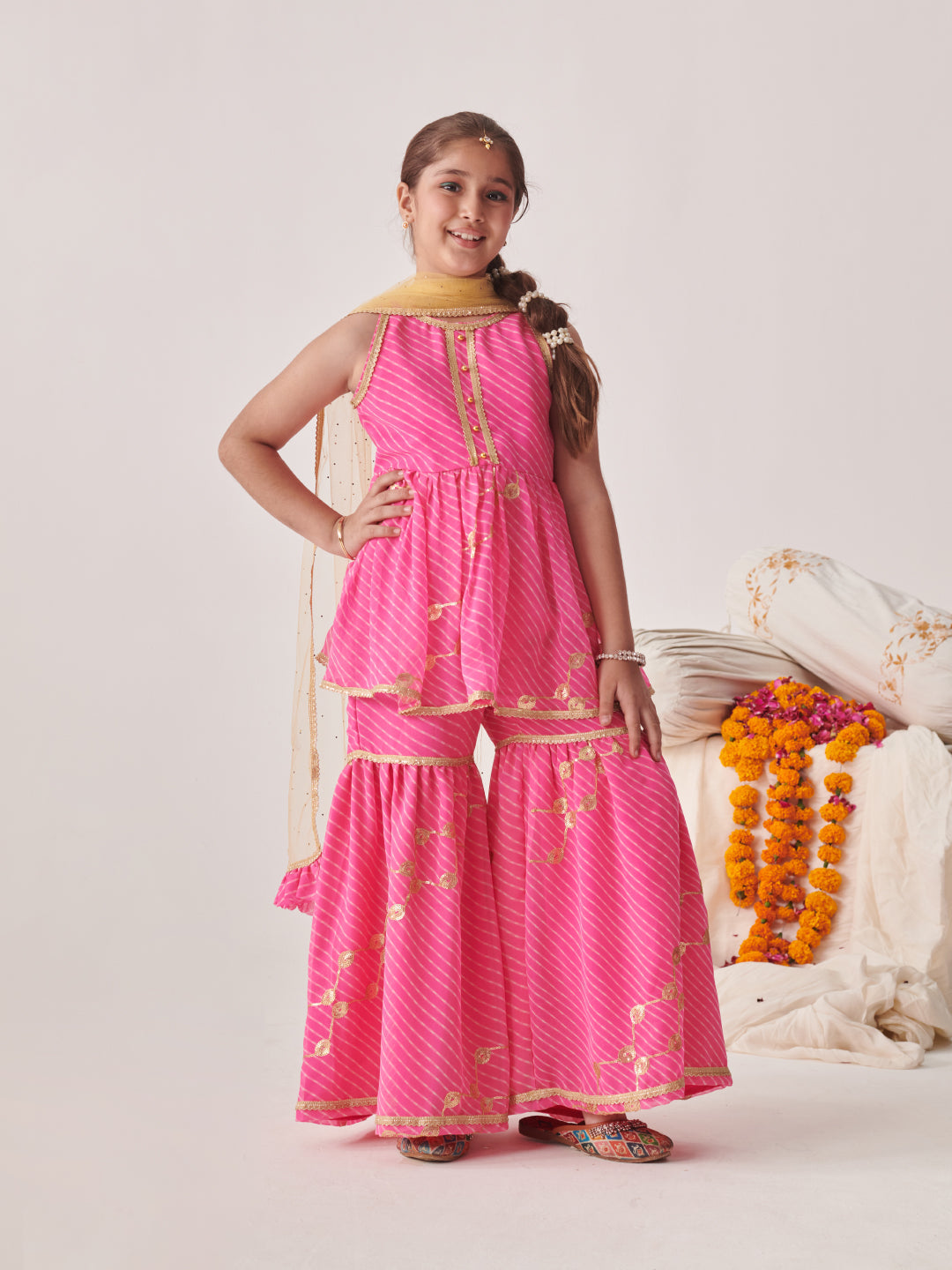 Pspeaches Girls Pink Ethnic Leheriya Print Georgette A-Line Kurta & Sharara With Dupatta ( Sku-Sha-Pinkleheriyaseq )