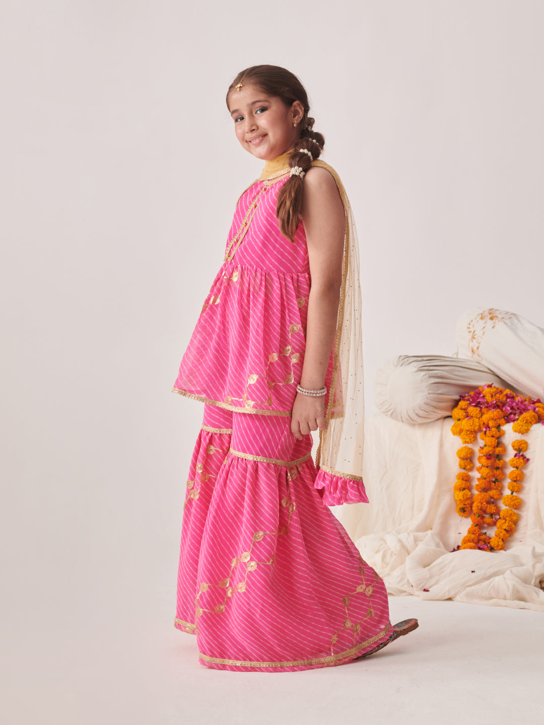 Girls Leheriya Printed Empire Sequinned Kurta With Sharara With Dupatta (SHA-PINKLEHERIYASEQ)