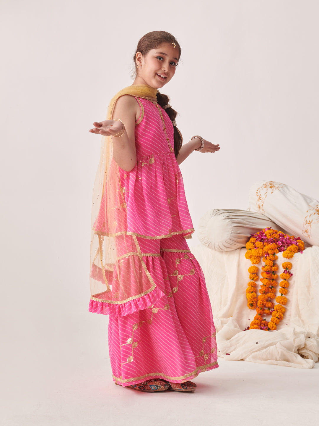 Girls Leheriya Printed Empire Sequinned Kurta With Sharara With Dupatta (SHA-PINKLEHERIYASEQ)