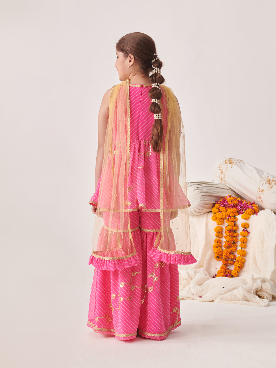 Girls Leheriya Printed Empire Sequinned Kurta With Sharara With Dupatta (SHA-PINKLEHERIYASEQ)