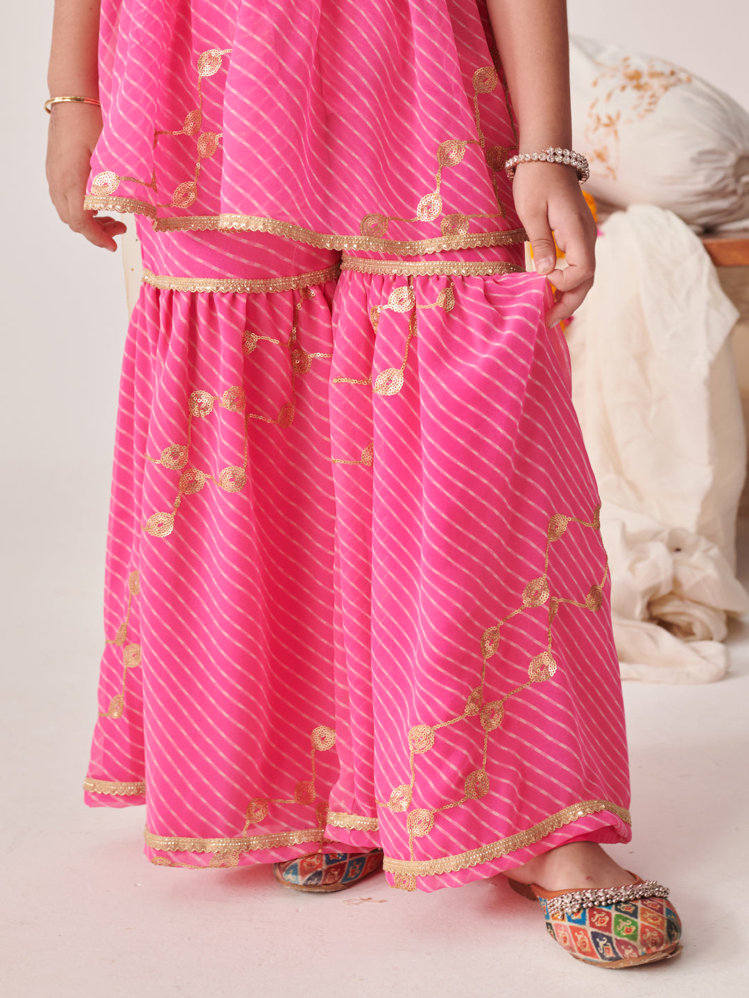 Girls Leheriya Printed Empire Sequinned Kurta With Sharara With Dupatta (SHA-PINKLEHERIYASEQ)