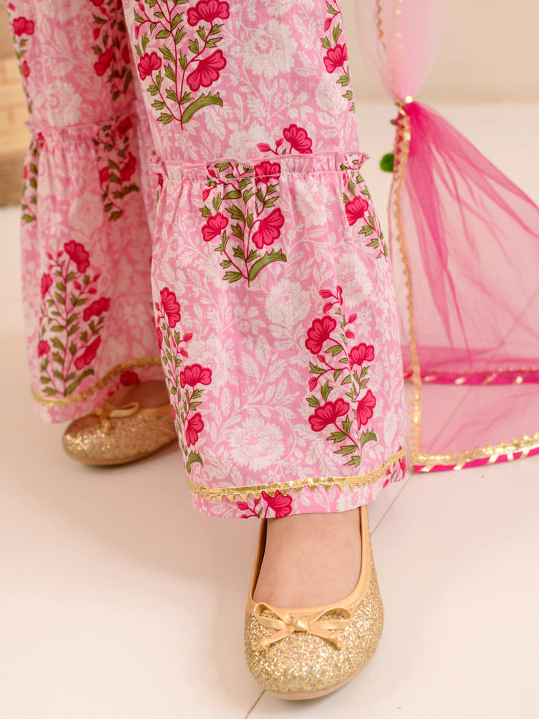 Girls Floral Printed Gotta Patti Pure Cotton Kurta With Sharara & Dupatta (SHA-PINKLOTUS)