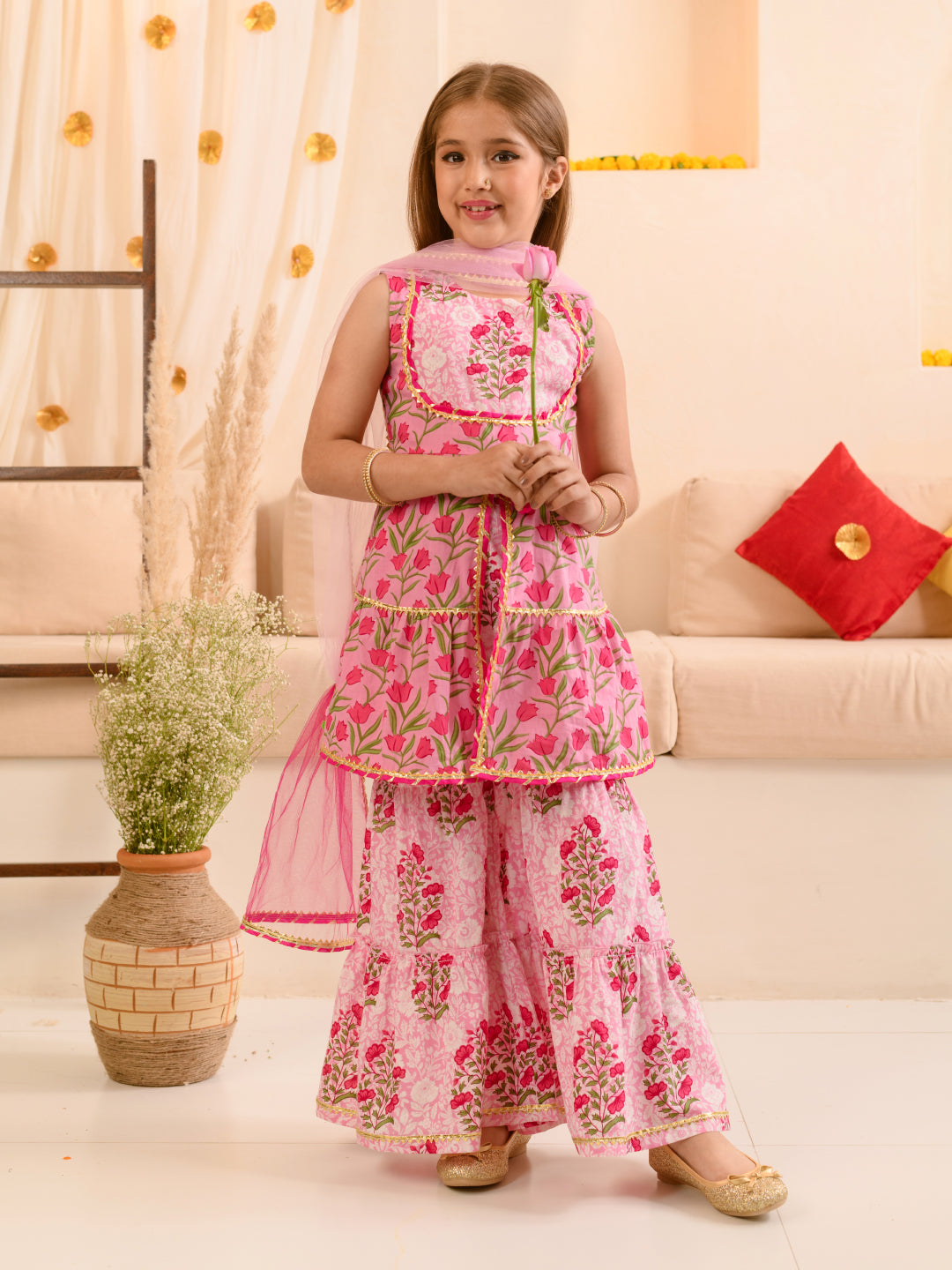 Girls Floral Printed Gotta Patti Pure Cotton Kurta With Sharara & Dupatta (SHA-PINKLOTUS)
