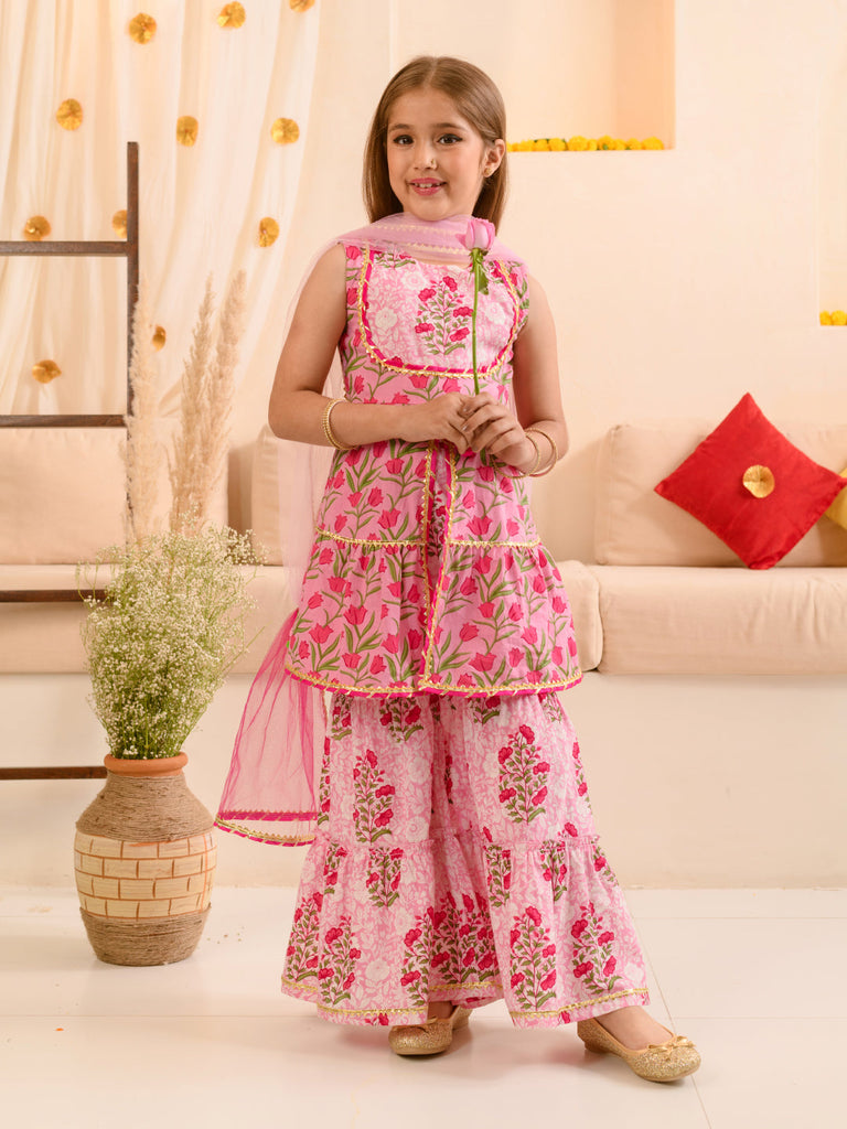 Girls Floral Printed Gotta Patti Pure Cotton Kurta With Sharara & Dupatta (SHA-PINKLOTUS)