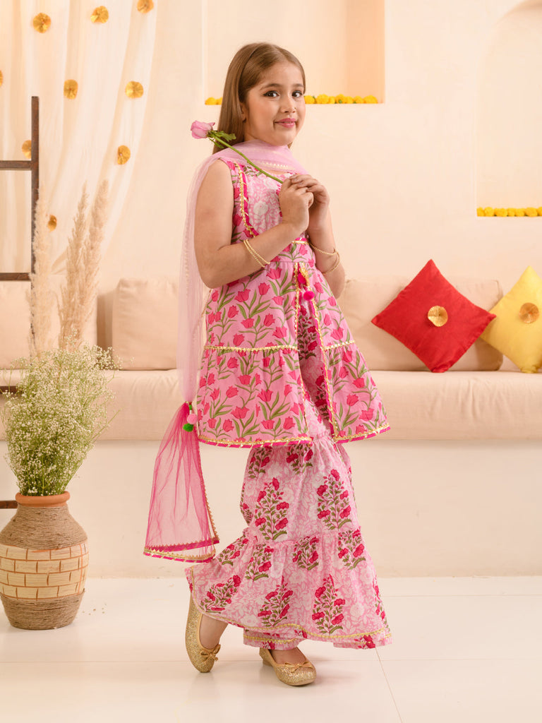 Girls Floral Printed Gotta Patti Pure Cotton Kurta With Sharara & Dupatta (SHA-PINKLOTUS)