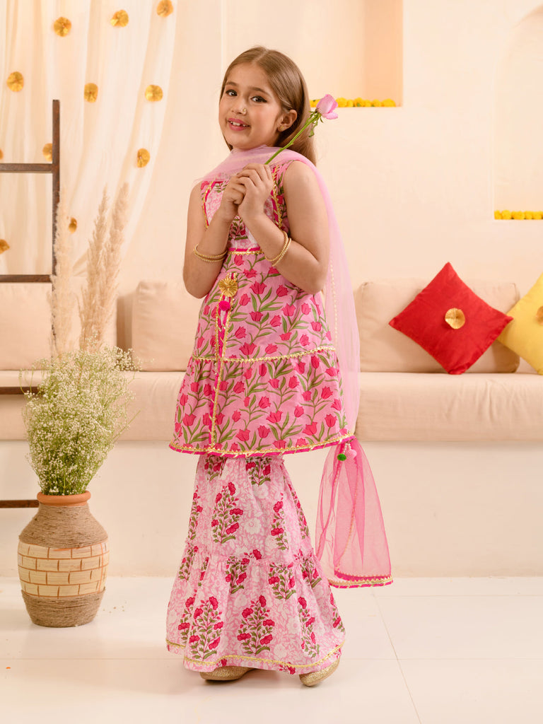 Girls Floral Printed Gotta Patti Pure Cotton Kurta With Sharara & Dupatta (SHA-PINKLOTUS)