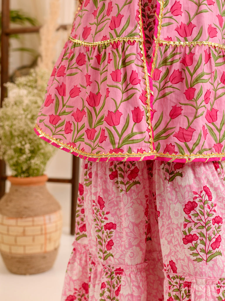 Girls Floral Printed Gotta Patti Pure Cotton Kurta With Sharara & Dupatta (SHA-PINKLOTUS)