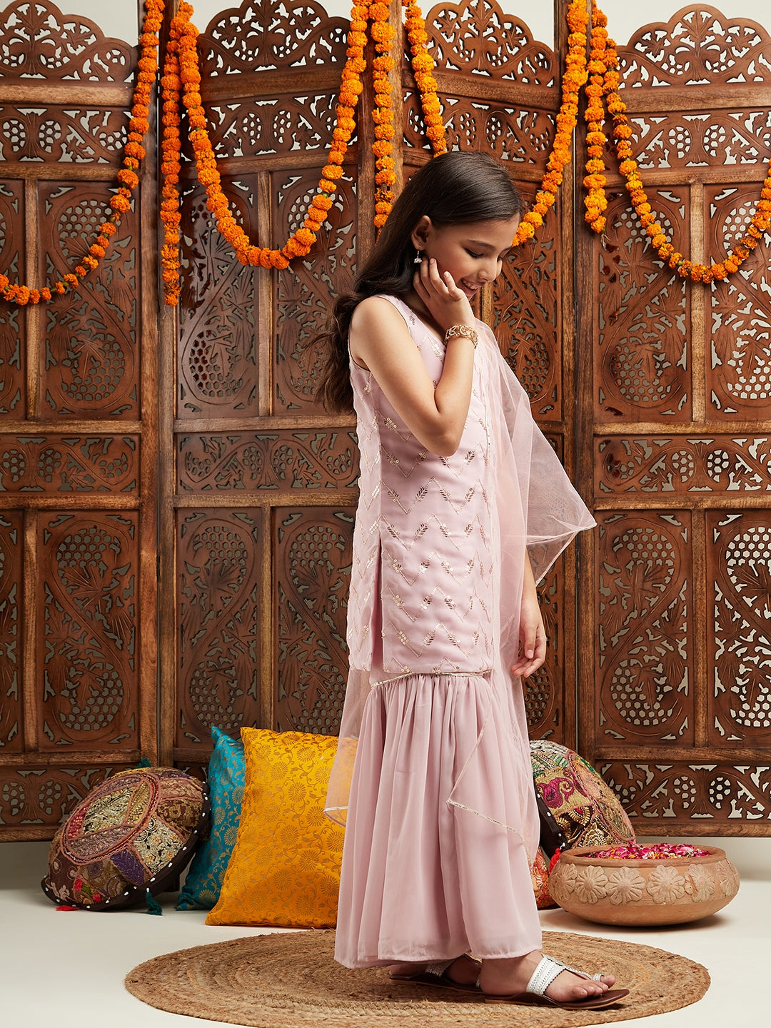 Pspeaches Girls Embroidered Regular Sequinned Kurta With Sharara & With Dupatta (SHA-PINKSEQ)