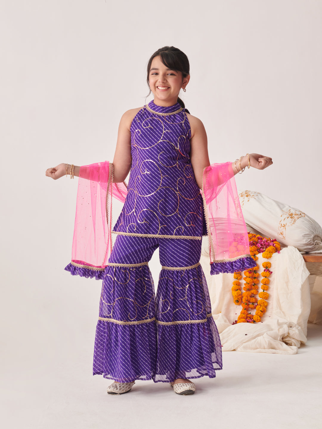 Pspeaches Girls Purple Leheriya Pattern Georgette A- Line Kurta & Sharara With Dupatta ( Sku-Sha-Purpleleheriyaseq )