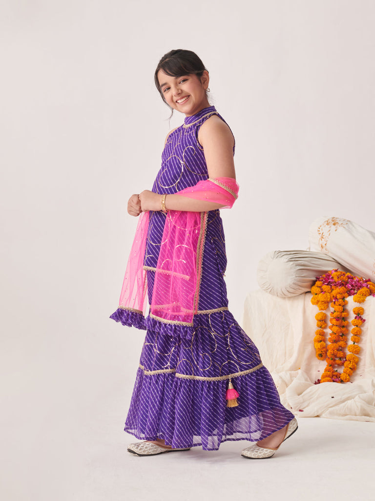 Girls Floral Printed Angrakha Kurta With Sharara & With Dupatta (SHA-PURPLELEHERIYASEQ)