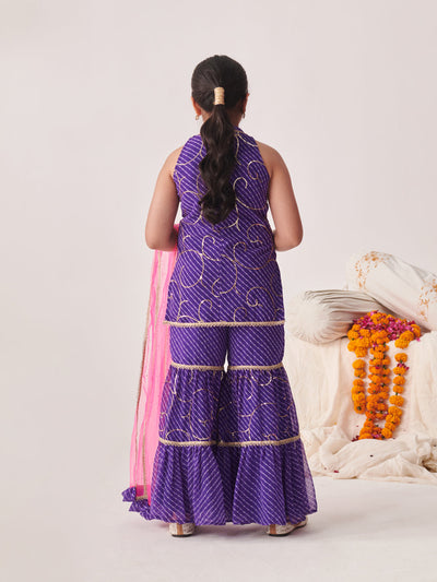 Girls Floral Printed Angrakha Kurta With Sharara & With Dupatta (SHA-PURPLELEHERIYASEQ)