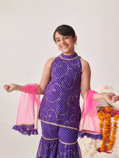 Girls Floral Printed Angrakha Kurta With Sharara & With Dupatta (SHA-PURPLELEHERIYASEQ)
