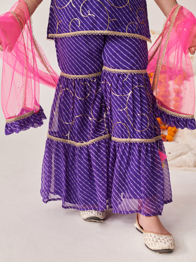 Girls Floral Printed Angrakha Kurta With Sharara & With Dupatta (SHA-PURPLELEHERIYASEQ)