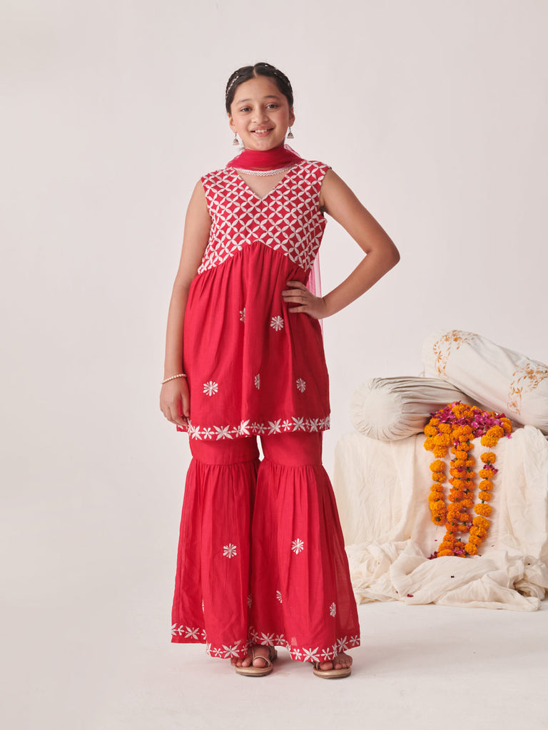 Girls Floral Embroidered Tiered Thread Work Kurta With Sharara & With Dupatta (SHA-REDCHIKANKARI)