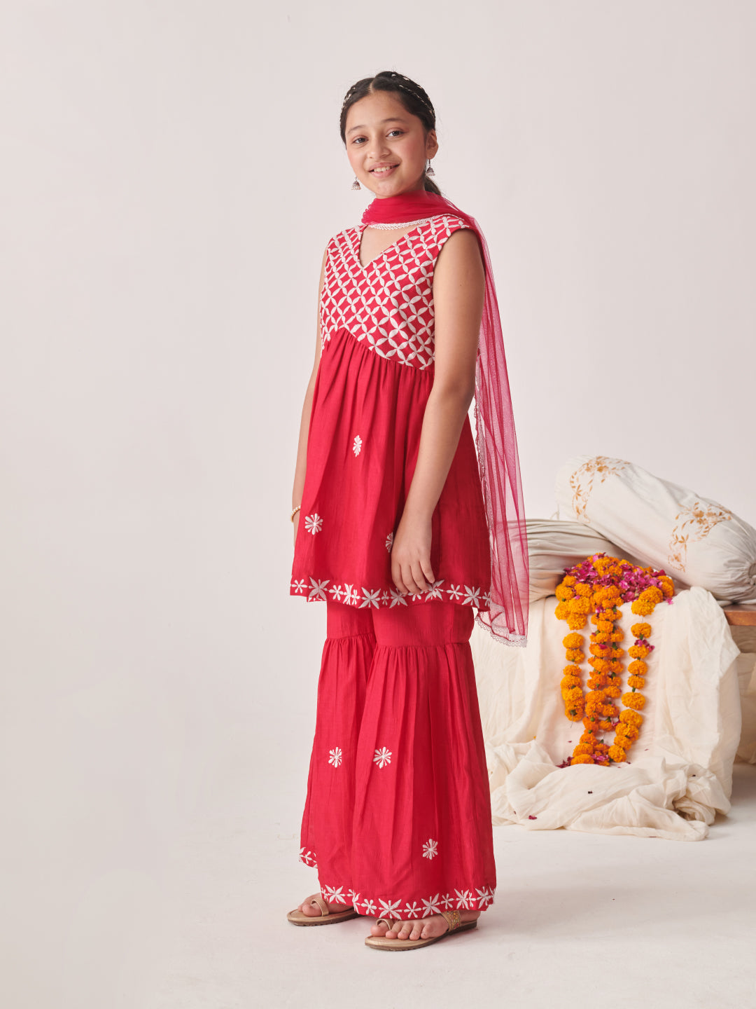 Girls Floral Embroidered Tiered Thread Work Kurta With Sharara & With Dupatta (SHA-REDCHIKANKARI)