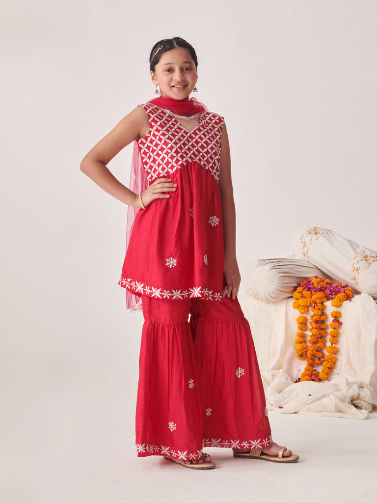 Girls Floral Embroidered Tiered Thread Work Kurta With Sharara & With Dupatta (SHA-REDCHIKANKARI)