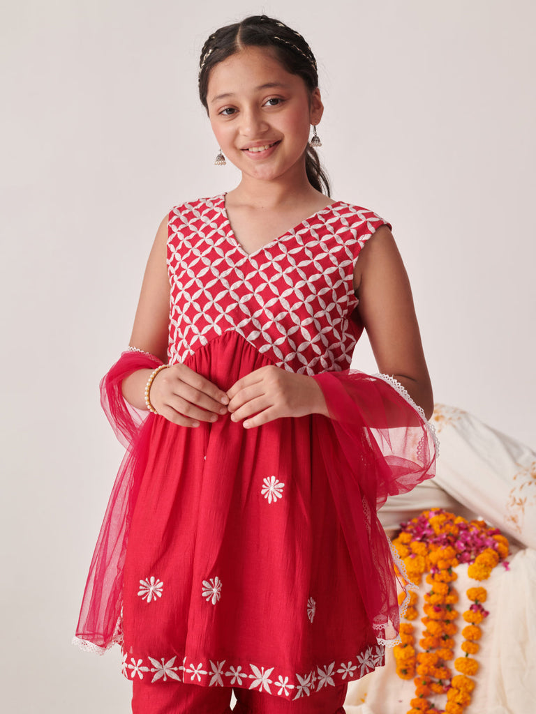 Girls Floral Embroidered Tiered Thread Work Kurta With Sharara & With Dupatta (SHA-REDCHIKANKARI)