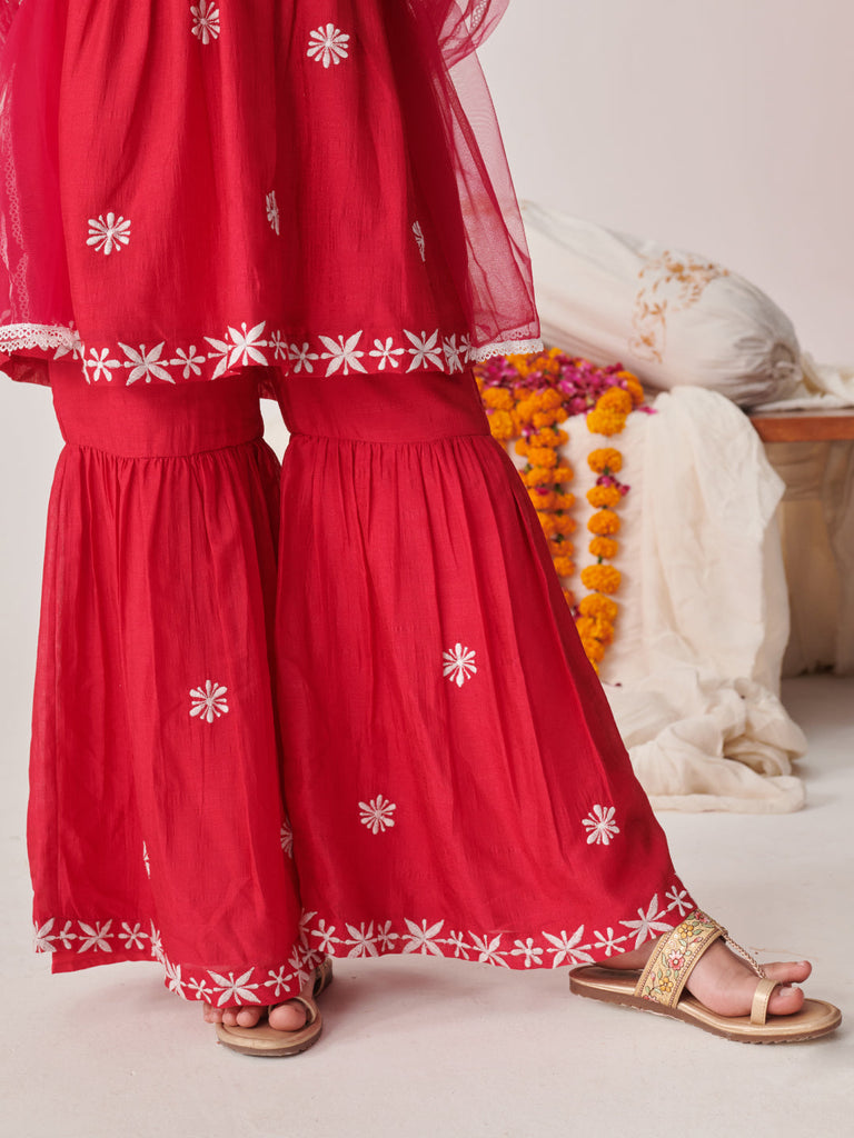 Girls Floral Embroidered Tiered Thread Work Kurta With Sharara & With Dupatta (SHA-REDCHIKANKARI)