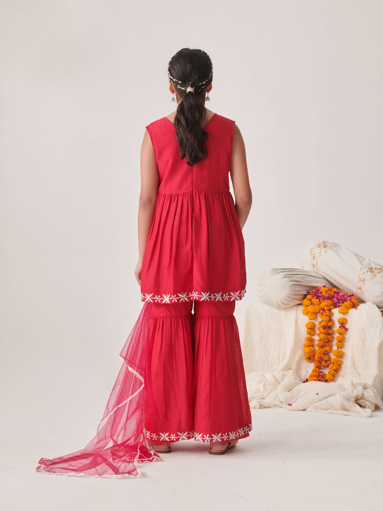 Girls Floral Embroidered Tiered Thread Work Kurta With Sharara & With Dupatta (SHA-REDCHIKANKARI)