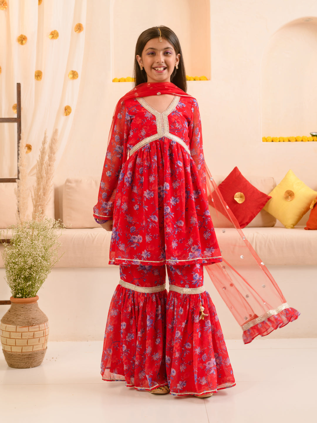 Girls Floral Printed Regular A-Line Kurta & Sharara With Dupatta (SHA-REDGGT)