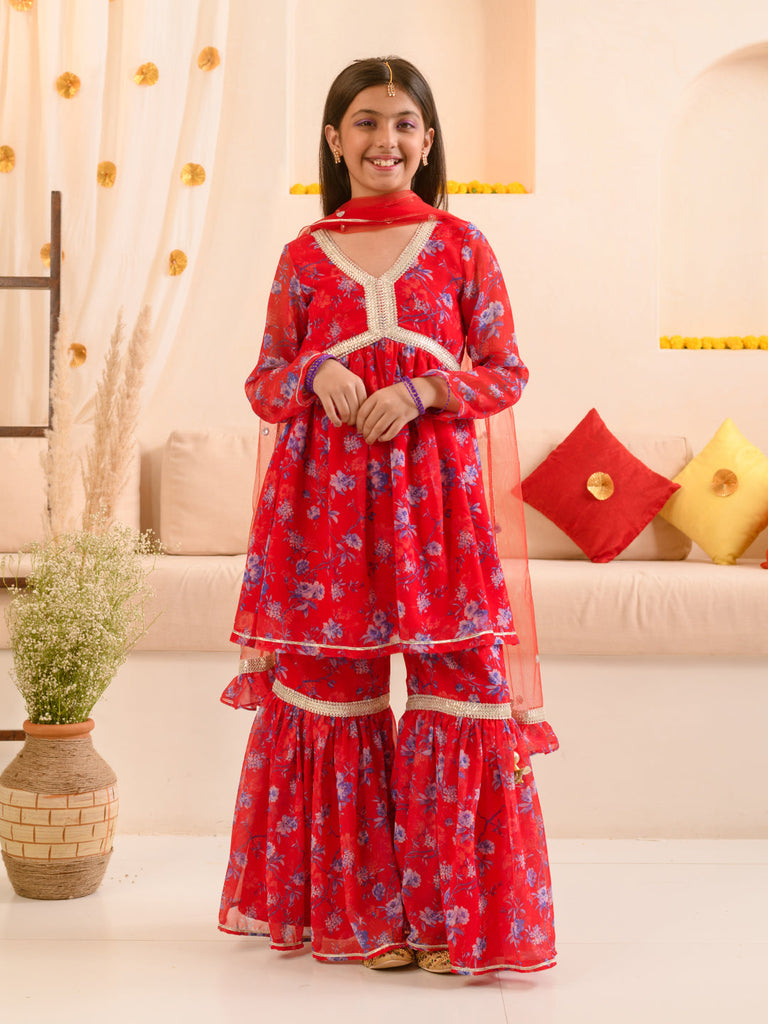Girls Floral Printed Regular A-Line Kurta & Sharara With Dupatta (SHA-REDGGT)