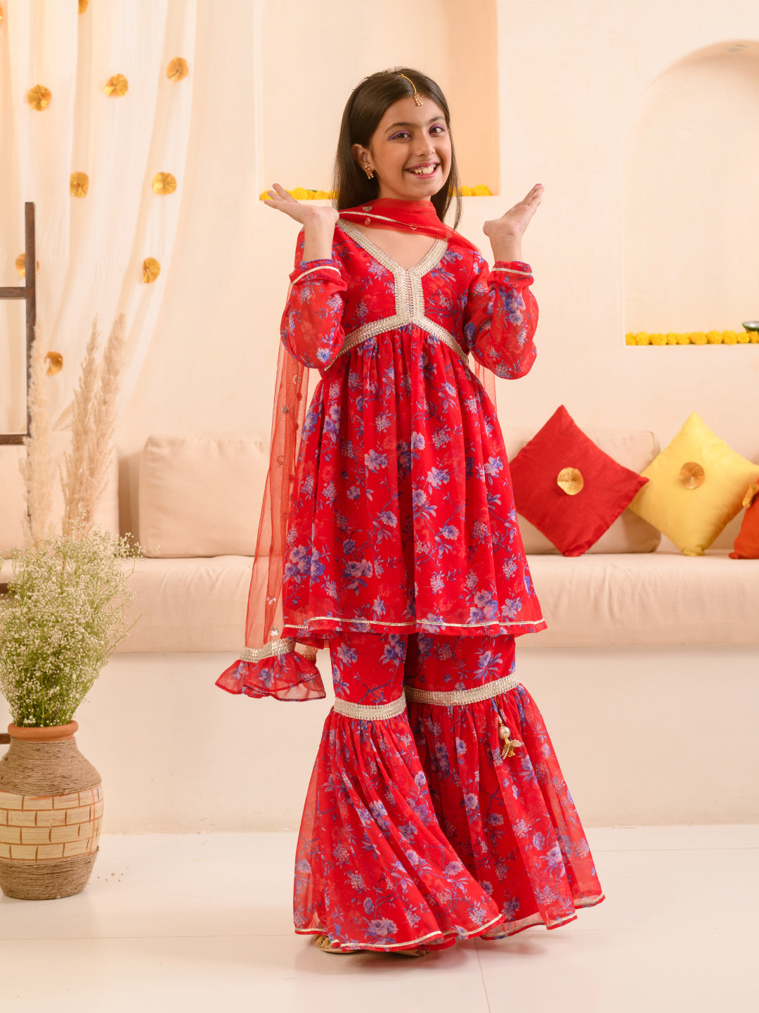 Girls Floral Printed Regular A-Line Kurta & Sharara With Dupatta (SHA-REDGGT)