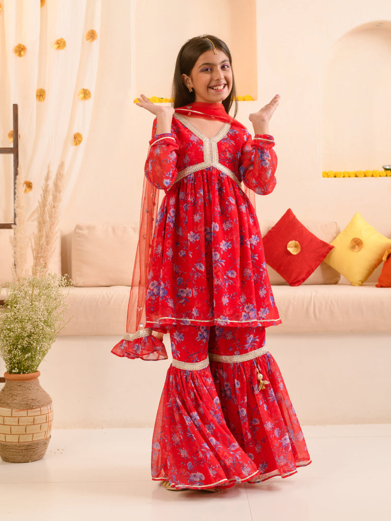 Girls Floral Printed Regular A-Line Kurta & Sharara With Dupatta (SHA-REDGGT)