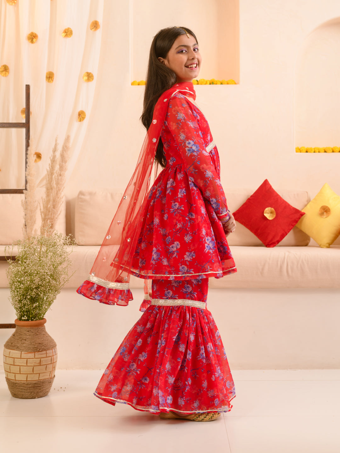Girls Floral Printed Regular A-Line Kurta & Sharara With Dupatta (SHA-REDGGT)