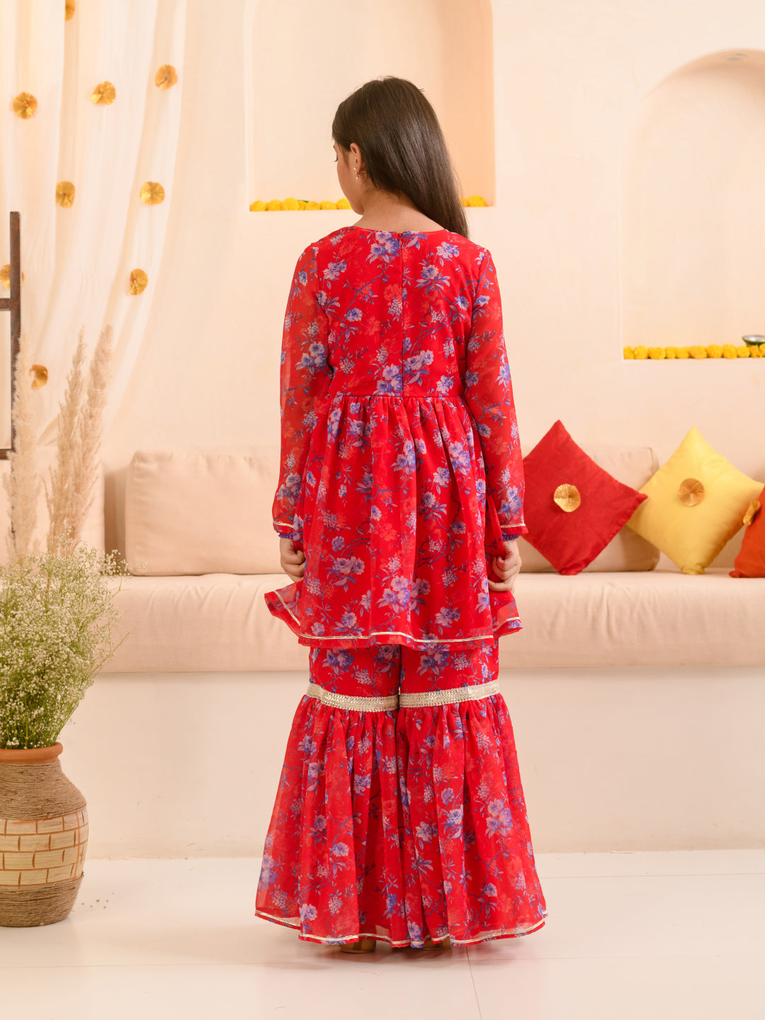 Girls Floral Printed Regular A-Line Kurta & Sharara With Dupatta (SHA-REDGGT)