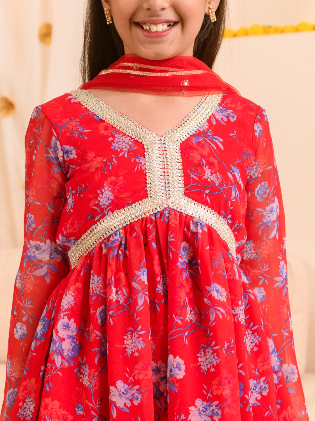 Girls Floral Printed Regular A-Line Kurta & Sharara With Dupatta (SHA-REDGGT)