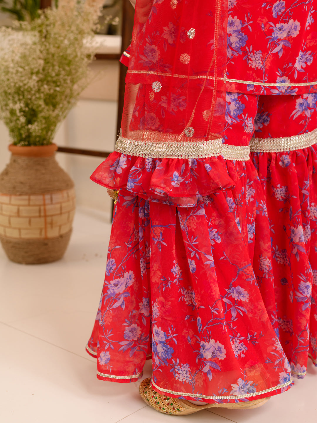 Girls Floral Printed Regular A-Line Kurta & Sharara With Dupatta (SHA-REDGGT)